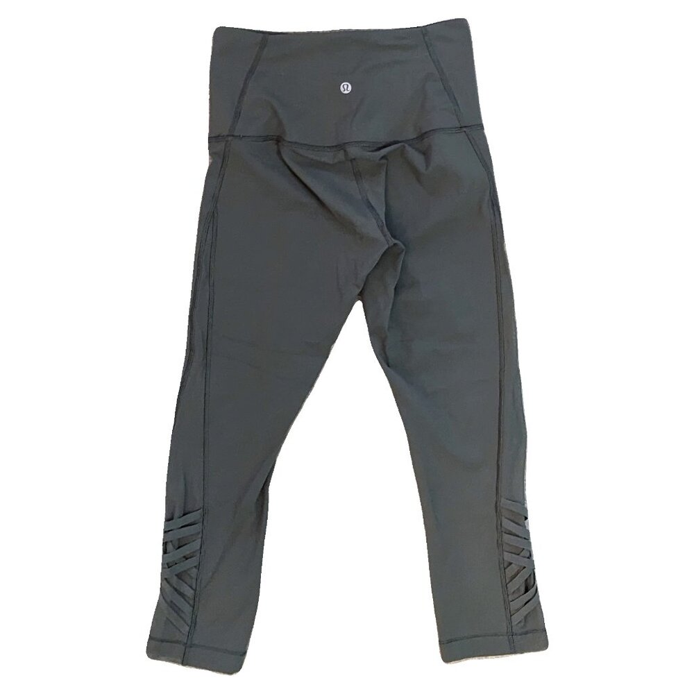 Lululemon Olive Green Leggings Mesh Criss Cross Sides  Preowned - Picture 2 of 4